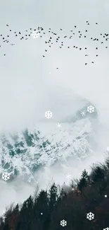 Snowy mountain with birds and snowflakes on a serene winter day.