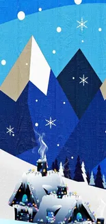 Cartoon snowy mountain scene with cabins and snowflakes.