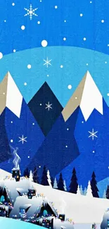 Snowy mountain wallpaper with cabins and stars.