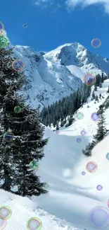 Snowy mountain landscape with colorful bubbles.