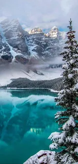 Snowy mountains and turquoise lake with tree reflection.