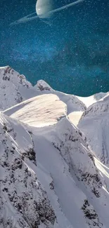 Snowy mountains beneath a starry sky with Saturn visible.