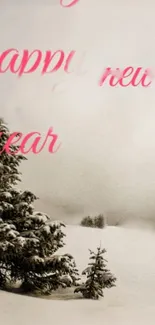 Snowy landscape with Happy New Year text in pink.