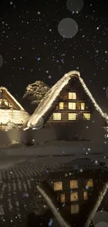 Scenic snowy night with cabins reflecting in water under a starry sky.