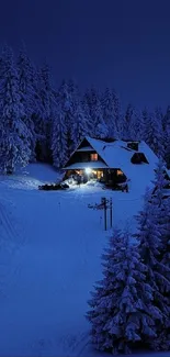 Snowy forest cabin under a starry night sky.