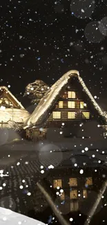 Snow-covered cabins under a starlit winter sky with gentle snowfall and reflections.