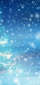 Sparkling Christmas tree with snowy blue background wallpaper.