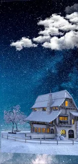 Snowy cottage under a starry sky with glowing windows and fluffy clouds.