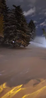 Snowy landscape at night with moonlight illuminating trees.