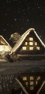 Rustic snowy cabin under a starry night sky with a serene reflection.