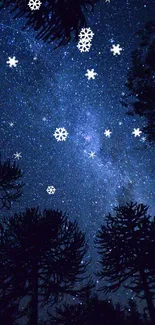 Night sky wallpaper with stars and snowflakes above a forest.