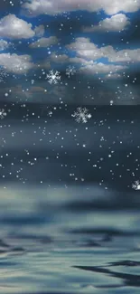 Snowy night sky above a calm ocean with falling snowflakes.