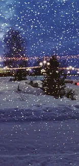 Serene snowy night skyline with twinkling lights and a wintery ambiance.