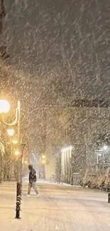 Snowy street lit by warm yellow street lamps at night.