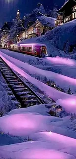 Snowy train journey at night with violet lights and moon.