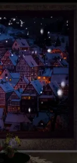 Snowy village at night with cozy glowing lights creating a serene atmosphere.