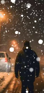 Snowy street at night with lone figure walking and streetlights glowing.