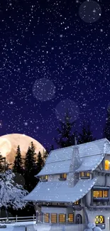 Scenic snowy night with a cottage and a glowing moon under a starry sky.