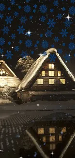 Cozy cabin under a snowy night sky with blue snowflakes.