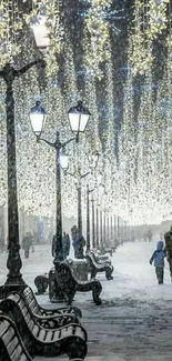 Winter night street with glowing lights and falling snow.