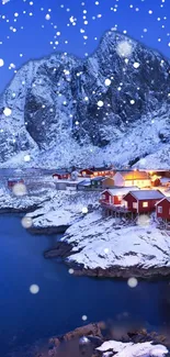 Snowy village with mountains and cozy cabins during winter.