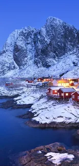 Serene snowy Nordic village beneath a stunning blue sky.