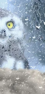 Snowy owl perched in winter rain, with bright yellow eyes.