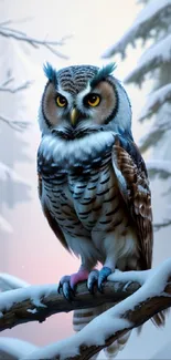 Snowy owl on a snowy branch in winter forest.