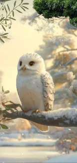Snowy owl perched in a winter wonderland scene.