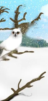 Snowy owl perched on a tree in a winter landscape with snow and blue sky.