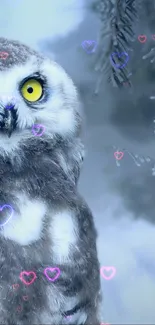 A snowy owl with heart-shaped overlays in a wintery forest.