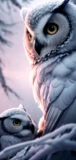 Snowy owls perched on frosty branches.