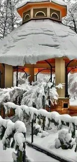 Snow-covered pavilion in a serene winter landscape.