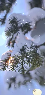 Snowy pine branch with bokeh lights and snowflakes.