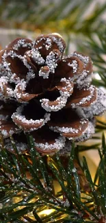 A frosted pinecone surrounded by green leaves and holiday lights.