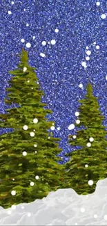 Snowy pine trees against a blue starry sky.