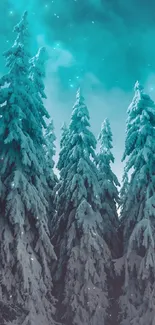 Snowy pine forest with teal sky wallpaper.