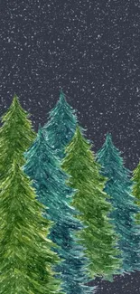 Serene snowy pine forest with dark gray sky.