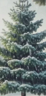 A serene snowy pine tree in a winter forest setting.