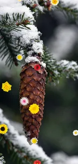 Snowy pinecone hanging from a frosted tree branch.