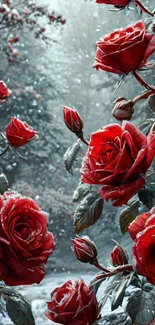 Vibrant red roses dusted with snow in a serene winter garden.