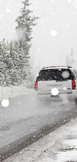 A vehicle driving on a snowy forest road under a gray sky.