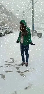 Person in green jacket standing in snowy roadside with falling snow.