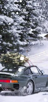 Car on snowy road with winter forest backdrop and a rustic cabin.