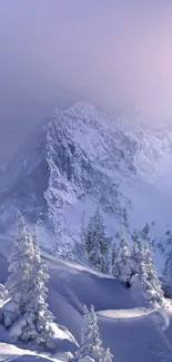 Serene snowy mountain with lavender sky.