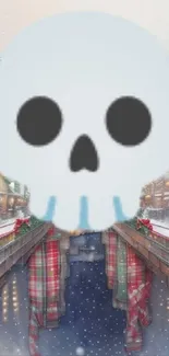 Skull overlay on snowy, festive cityscape wallpaper.