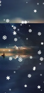 Serene boat with snowflakes under a starry sky on mobile wallpaper.