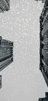 Snow falls over urban skyline with tall buildings.