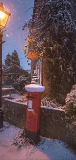 Snowy street with lamp and red postbox winter scene.