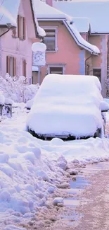 Snowy street mobile wallpaper with serene winter landscape.